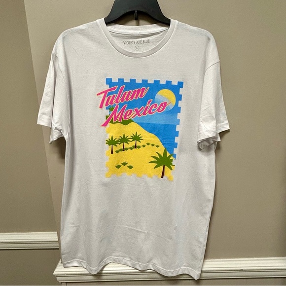 Violets Are Blue Sz L Tulum Mexico 🇲🇽 T Shirt NWT White Blue Yellow & Pink - Picture 1 of 5